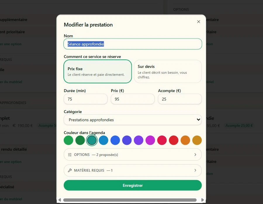 Formulaire Kacture d’une prestation synthétique avec durée, prix et acompte configurables