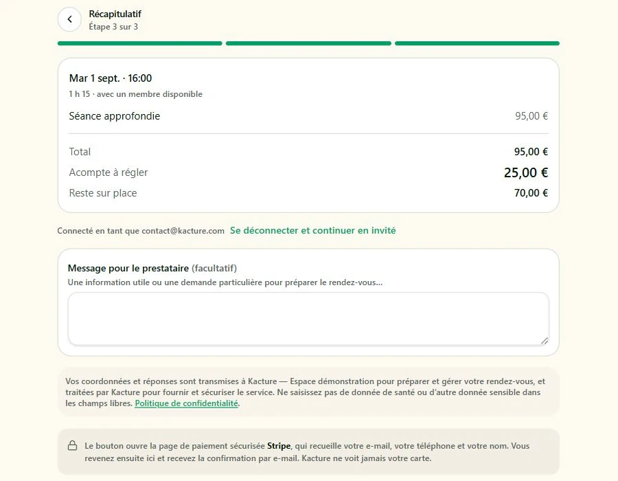 Récapitulatif Kacture d’une réservation synthétique avec le total, l’acompte à régler et le reste à payer sur place