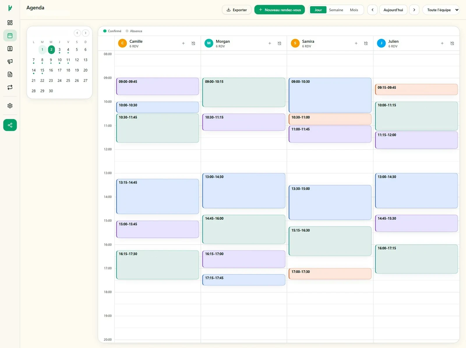 Agenda Kacture en vue Jour avec quatre membres, les horaires des rendez-vous et des créneaux libres