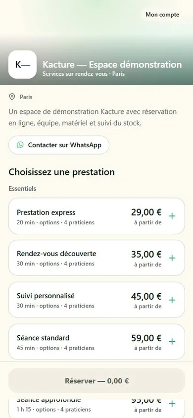 Page de réservation Kacture affichée sur mobile