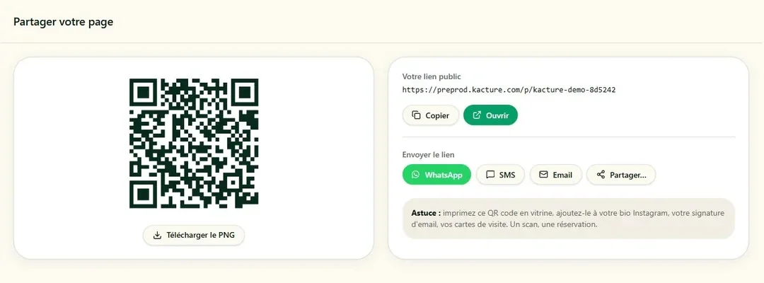 Écran Kacture réel permettant de copier un lien de réservation et de télécharger son QR code