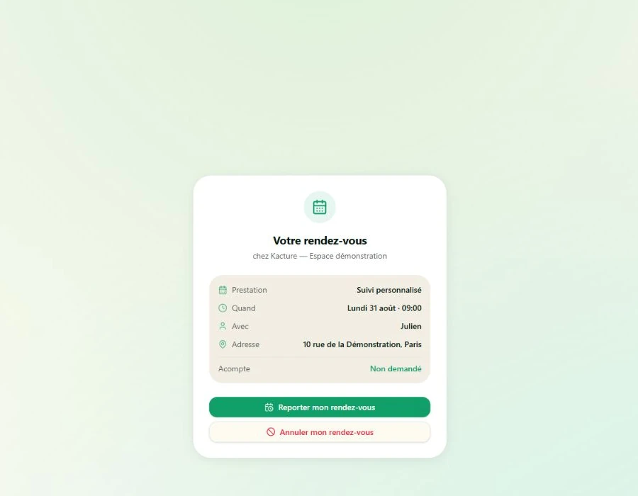Page de gestion Kacture d’un rendez-vous de démonstration avec les actions Reporter et Annuler